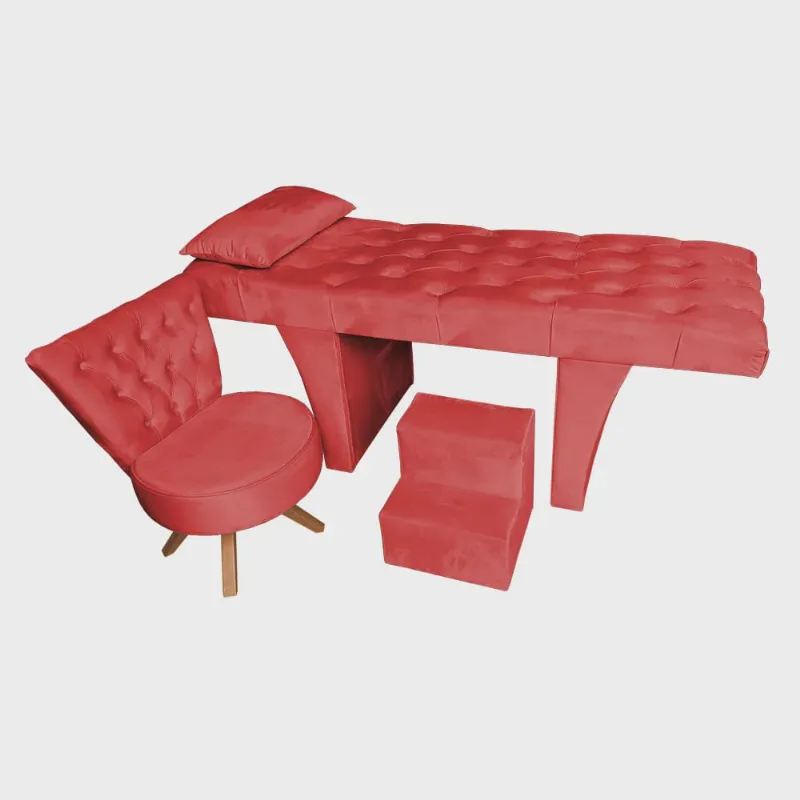 Kit Maca Reta Capitonê 0,70m Sophia com Mocho Base Madeira e Escada Veludo Vermelho - Pallazio