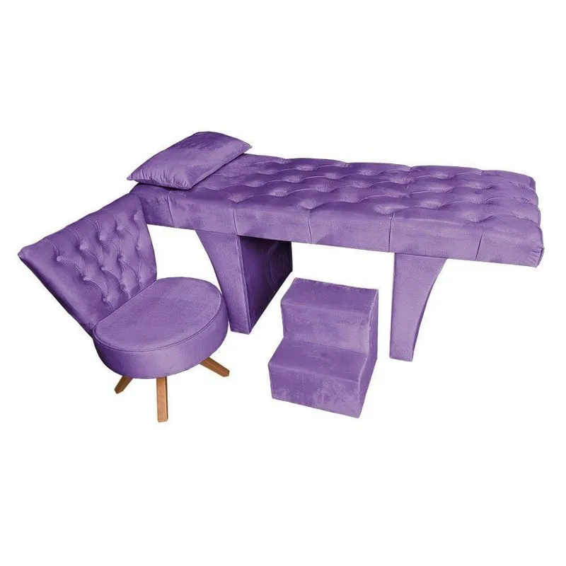 Kit Maca Reta Capitonê 0,80m Sophia Com Mocho Base Madeira E Escada Veludo Roxo - Pallazio