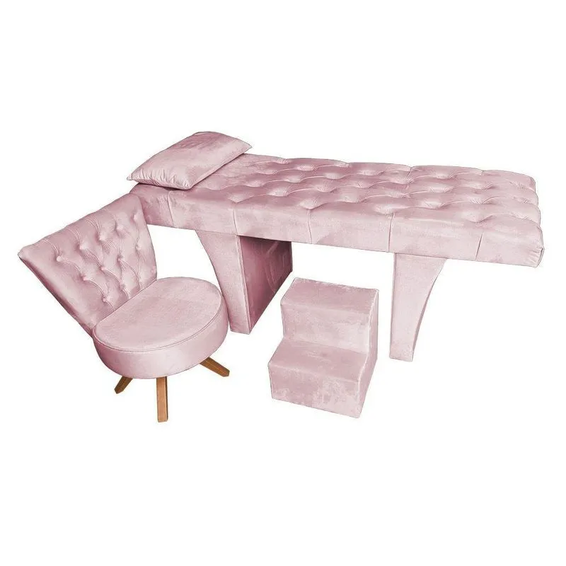 Kit Maca Reta Capitonê 0,80m Sophia Com Mocho Base Madeira E Escada Veludo - Pallazio Rosa Bebê