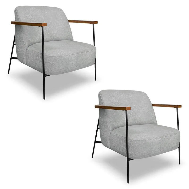 Kit 2 Poltronas Decorativa Celeste Linho Bouclê Cinza Claro Base De Ferro Preto - Pallazio