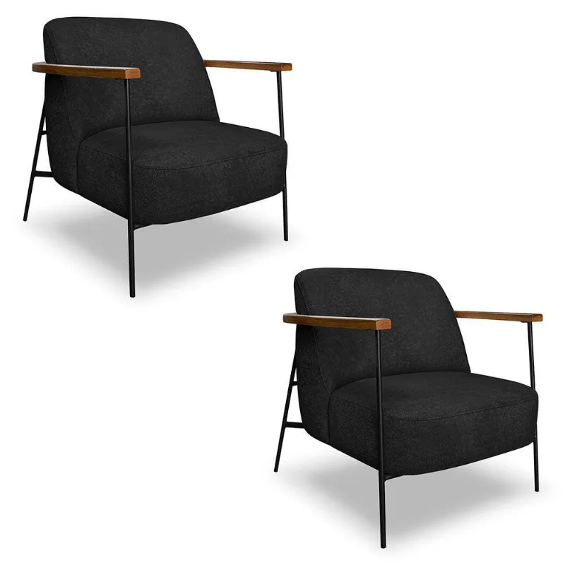 Kit 2 Poltronas Decorativa Celeste Linho Bouclê Preto Base De Ferro Preto - Pallazio