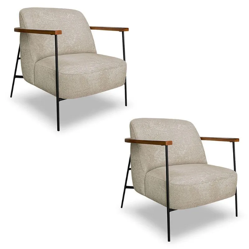 Kit 2 Poltronas Decorativa Celeste Linho Bouclê Base De Ferro Preto - Pallazio Cor Bege