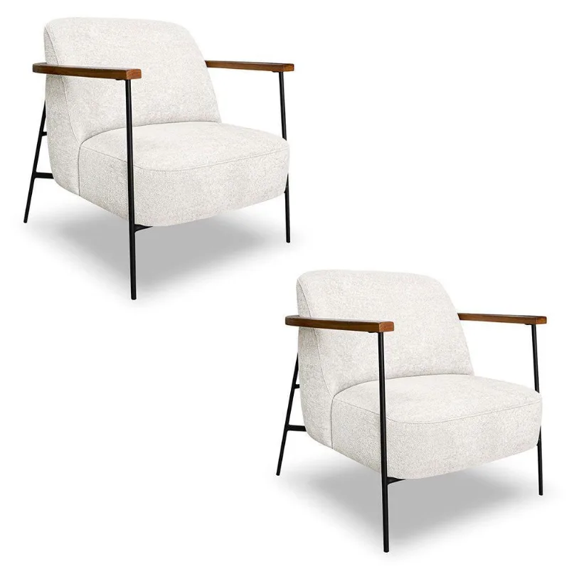 Kit 2 Poltronas Decorativa Celeste Linho Bouclê Base De Ferro Preto - Pallazio Cor Bege Pérola