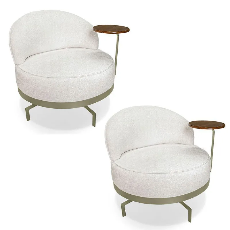 Kit 2 Poltronas Decorativa Andromeda Linho Bouclê Bege Pérola Base Giratória De Ferro - Pallazio