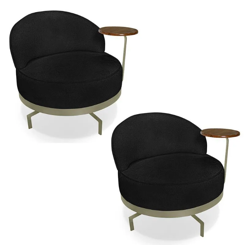 Kit 2 Poltronas Decorativa Andromeda Linho Bouclê Preto Base Giratória De Ferro - Pallazio