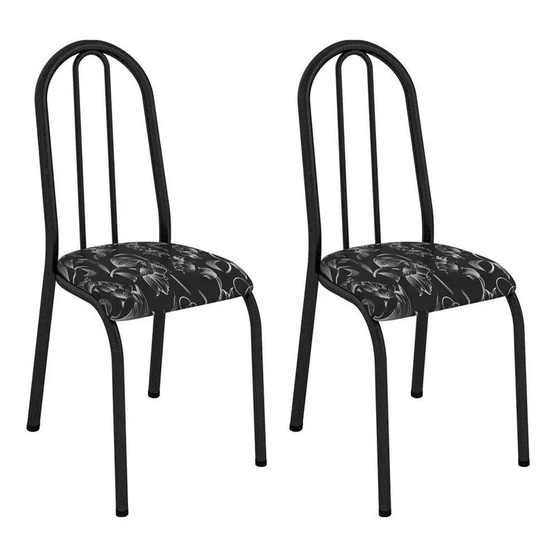 Kit 2 Cadeiras De Cozinha Flórida Estampado Preto Florido Pés De Ferro Preto