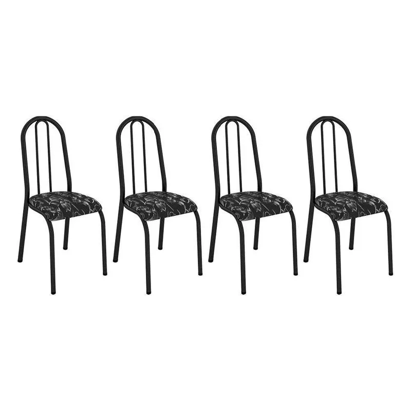 Kit 4 Cadeiras De Cozinha Flórida Estampado Preto Florido Pés De Ferro Preto