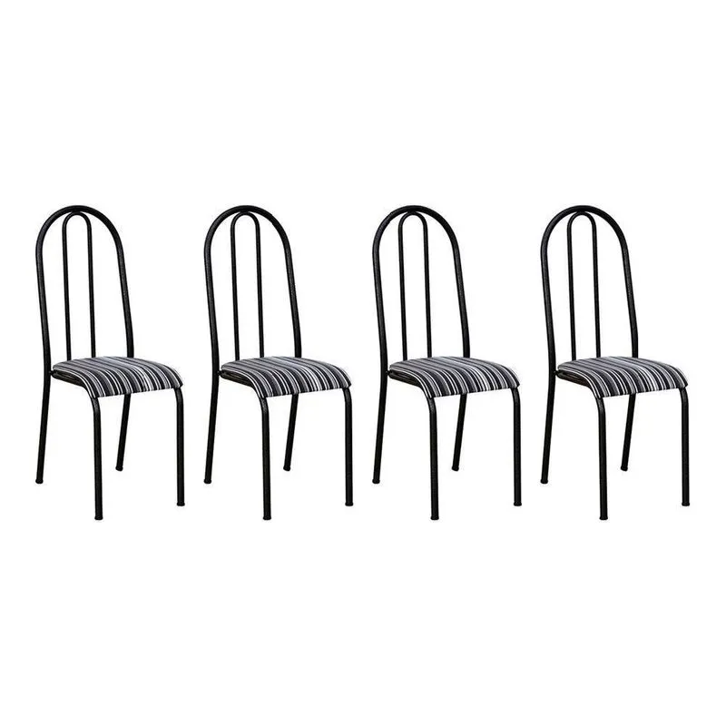 Kit 4 Cadeiras De Cozinha Flórida Estampado Preto Listrado Pés De Ferro Preto