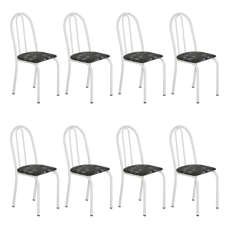 Kit 8 Cadeiras De Cozinha Califórnia Estampado Preto Florido Pés De Ferro Branco