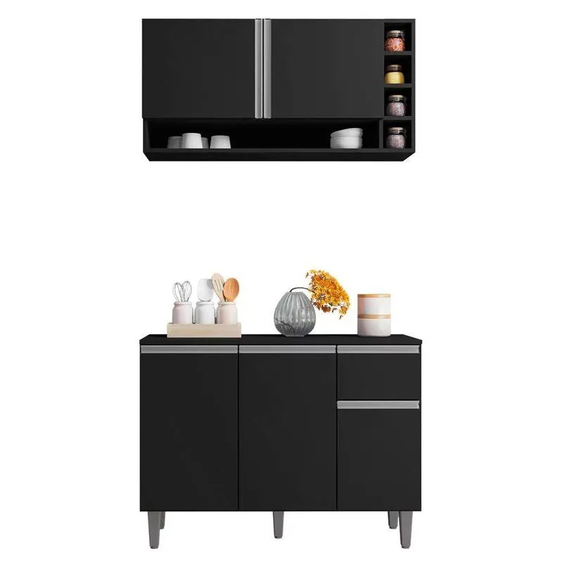 Kit Balcão De Cozinha E Armário Aéreo Elis Preto
