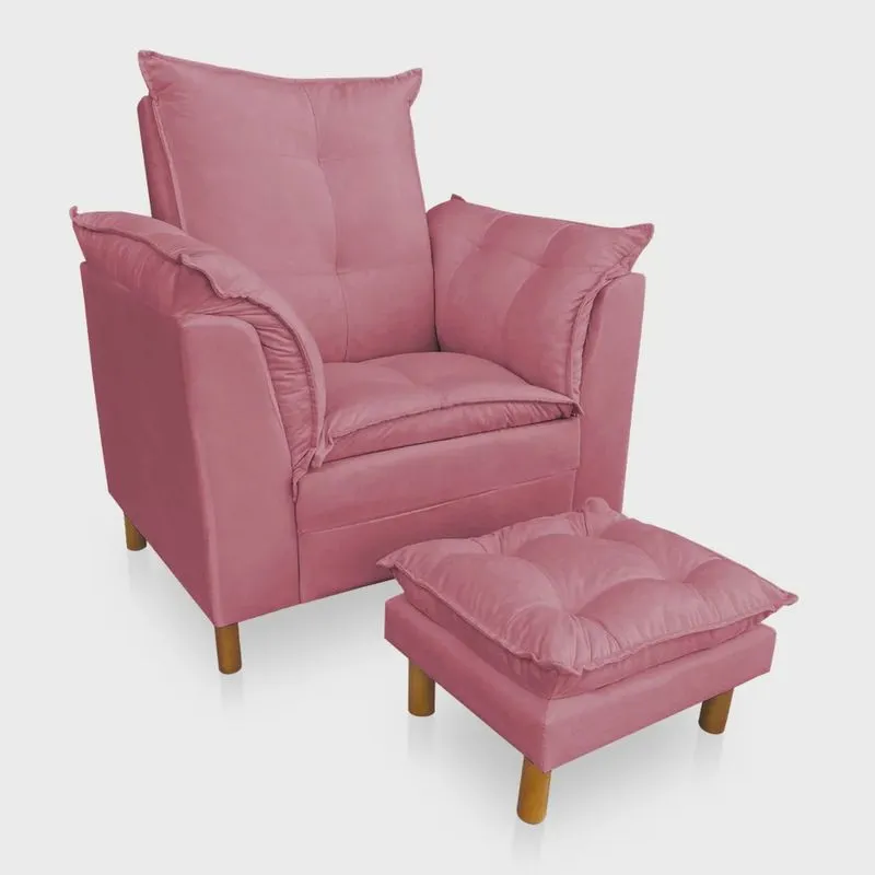 Poltrona de Amamentação com Puff Laura Veludo Rosa - Pallazio