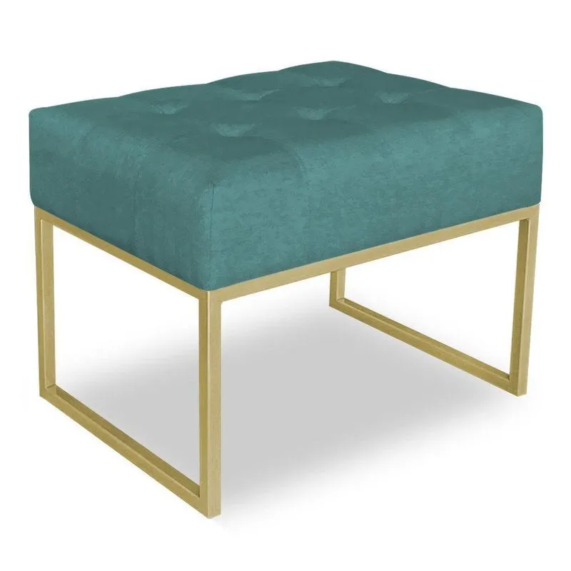 Puff Lisa Suede Azul Turquesa Base Metálica Industrial Dourado
