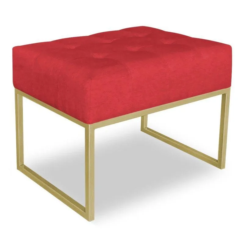 Puff Lisa Suede Vermelho Base Metálica Industrial Dourado