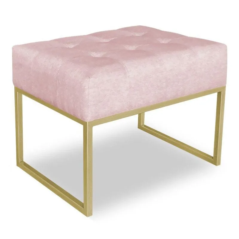 Puff Lisa Suede Base Metálica Industrial Dourado Rosa Bebê