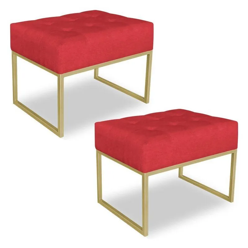 Kit 02 Puffs Lisa Suede Vermelho Base Metálica Industrial Dourado