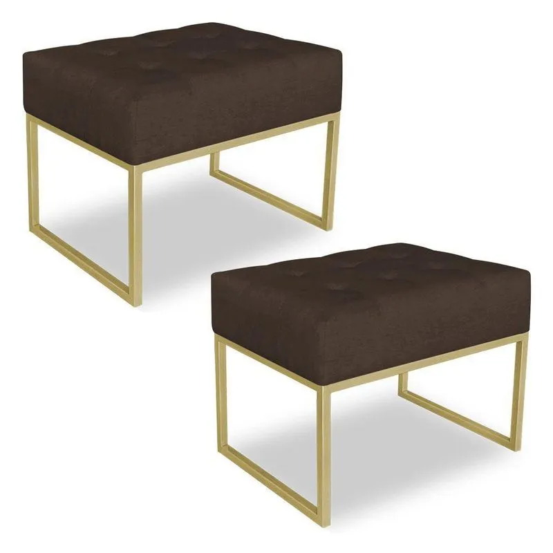 Kit 02 Puffs Lisa Suede Base Metálica Industrial Dourado Marrom
