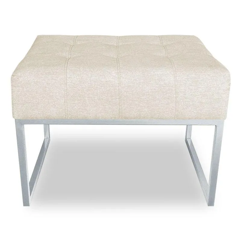 Puff Lisa Linho Base Metálica Industrial Prata - Pallazio Cor Bege