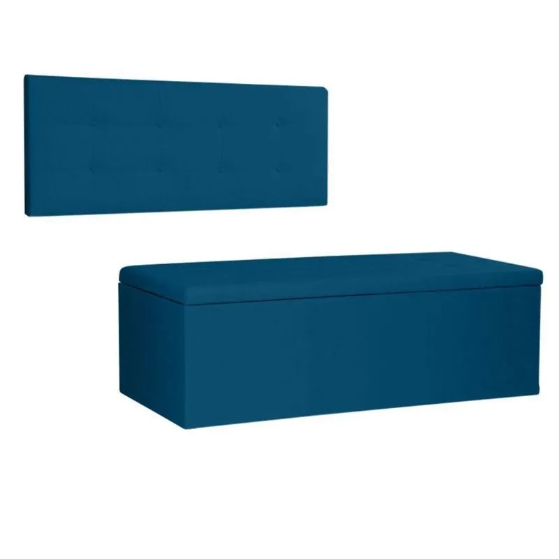 Kit Painel E Calçadeira Baú Queen 1,60m Berlim Suede Azul Marinho - Pallazio