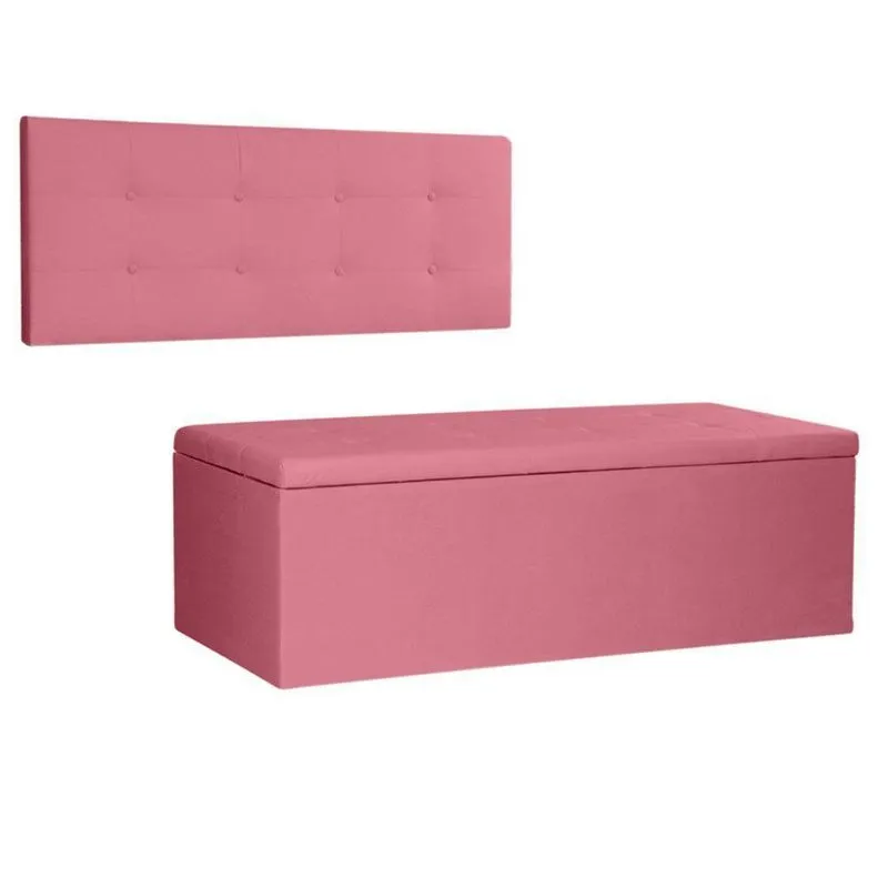 Kit Painel E Calçadeira Baú Queen 1,60m Berlim Suede Rosa - Pallazio