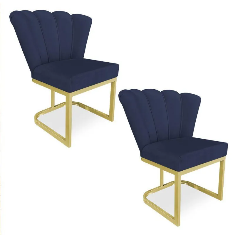 Kit 02 Poltronas Flor Veludo Azul Marinho Base Metálica Industrial Dourado - Pallazio