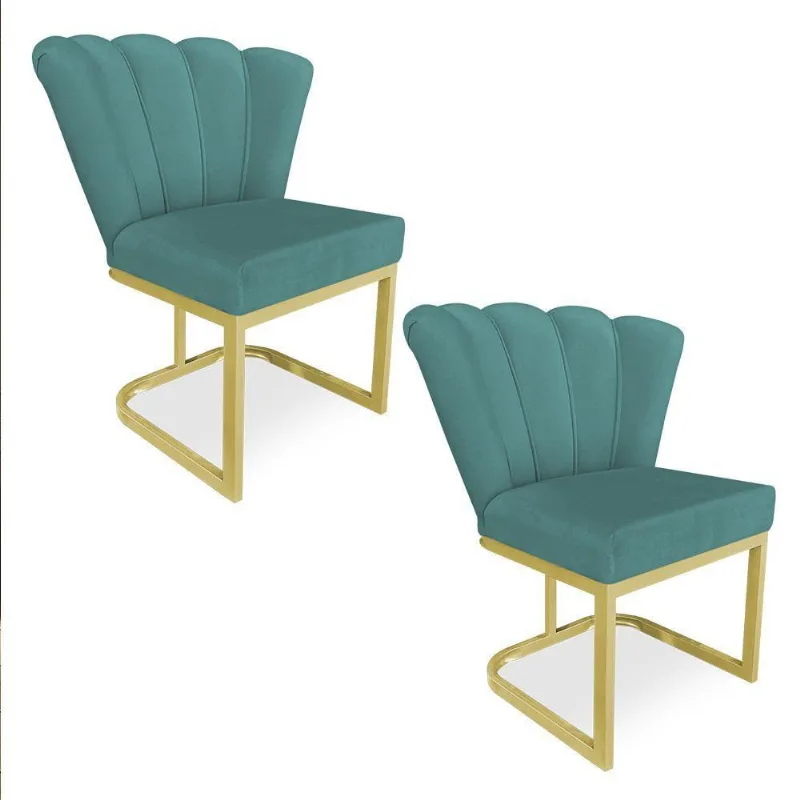 Kit 02 Poltronas Flor Veludo Azul Turquesa Base Metálica Industrial Dourado - Pallazio