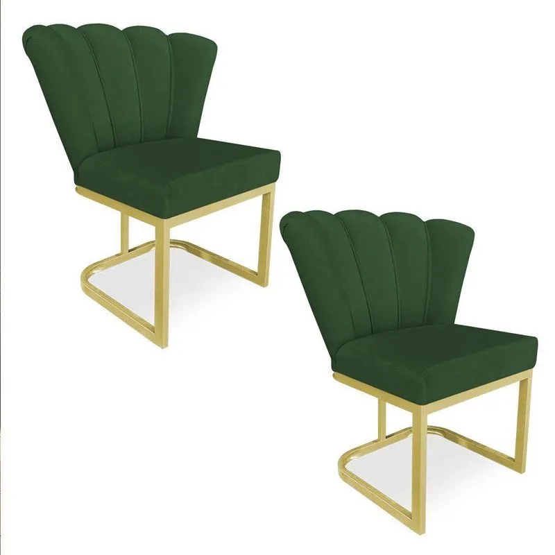 Kit 02 Poltronas Flor Veludo Verde Base Metálica Industrial Dourado - Pallazio