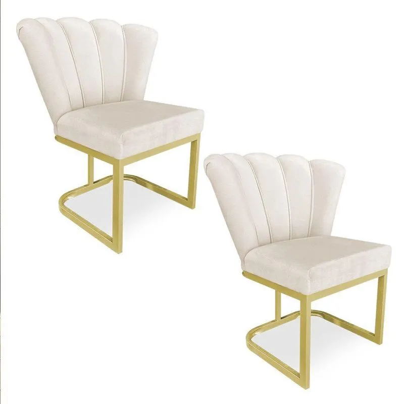Kit 02 Poltronas Flor Veludo Base Metálica Industrial Dourado - Pallazio Cor Bege