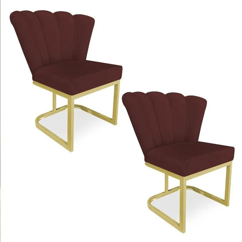 Kit 02 Poltronas Flor Veludo Base Metálica Industrial Dourado - Pallazio Cor Marsala