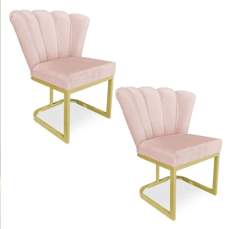 Kit 02 Poltronas Flor Veludo Base Metálica Industrial Dourado - Pallazio Cor Rosa Bebê