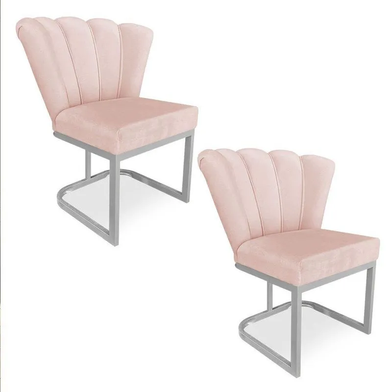 Kit 02 Poltronas Flor Veludo Rosa Bebê Base Metálica Industrial Prata - Pallazio