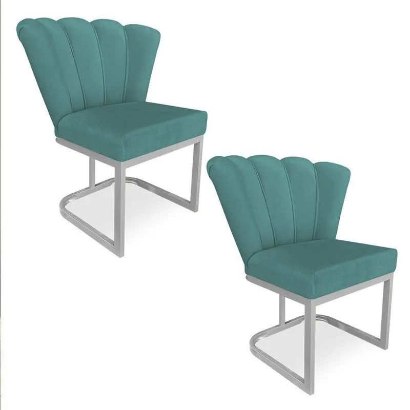 Kit 02 Poltronas Flor Veludo Base Metálica Industrial Prata - Pallazio Cor Azul Turquesa