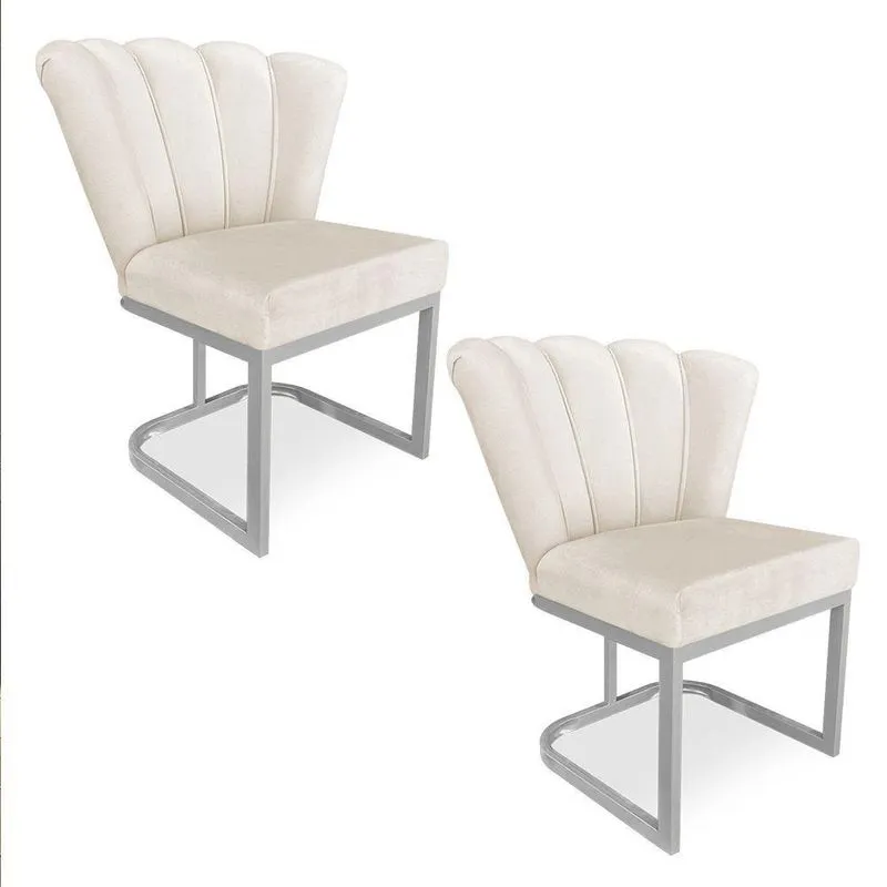 Kit 02 Poltronas Flor Veludo Base Metálica Industrial Prata - Pallazio Cor Bege
