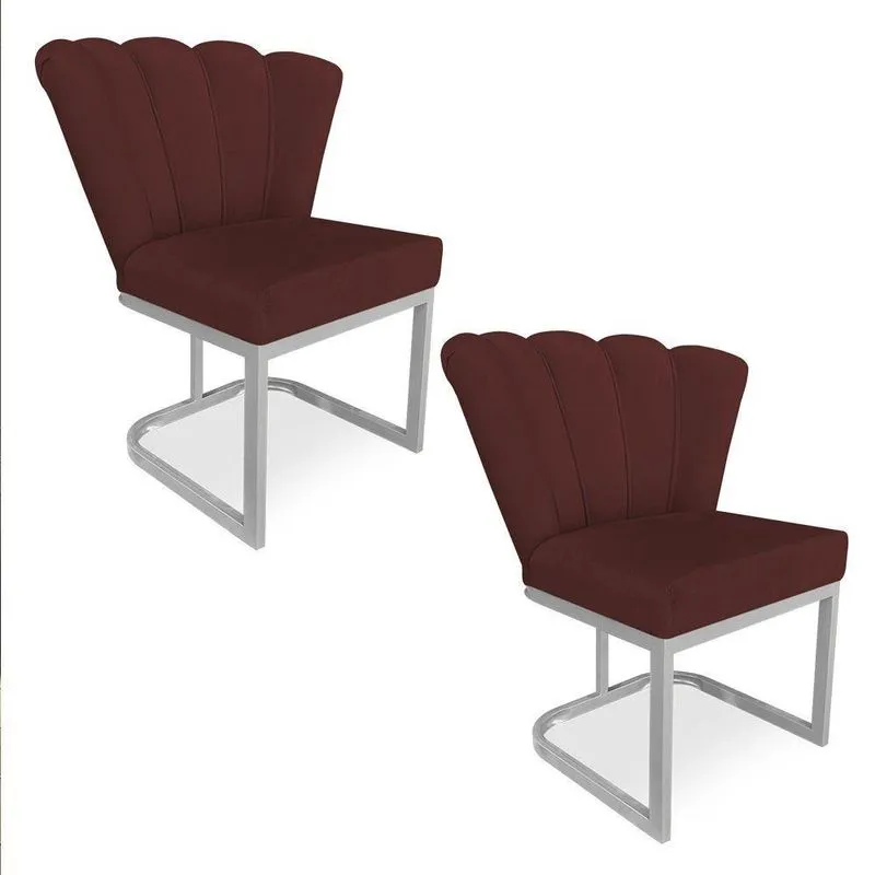 Kit 02 Poltronas Flor Veludo Base Metálica Industrial Prata - Pallazio Cor Marsala