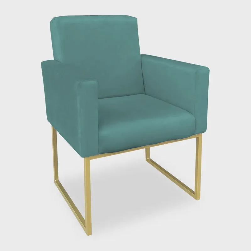 Poltrona Clarice Veludo Azul Turquesa Base Metálica Industrial Dourado - Pallazio