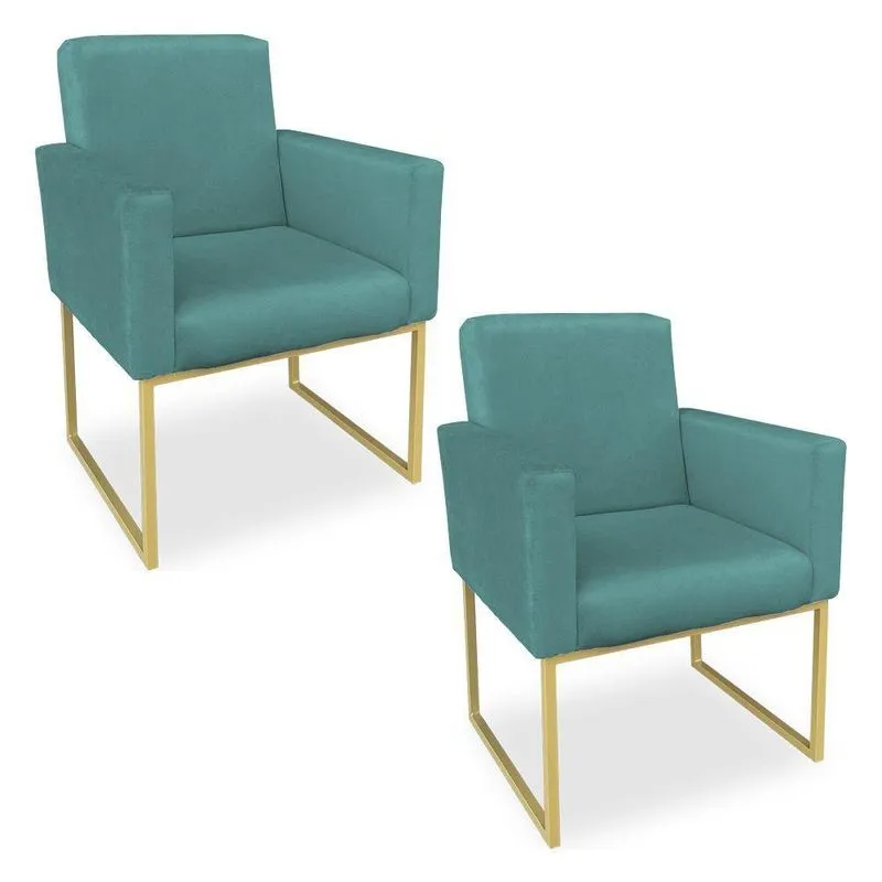 Kit 02 Poltronas Clarice Veludo Azul Turquesa Base Metálica Industrial Dourado - Pallazio
