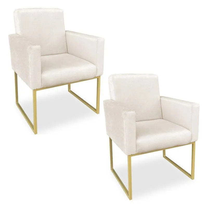 Kit 02 Poltronas Clarice Veludo Bege Base Metálica Industrial Dourado - Pallazio