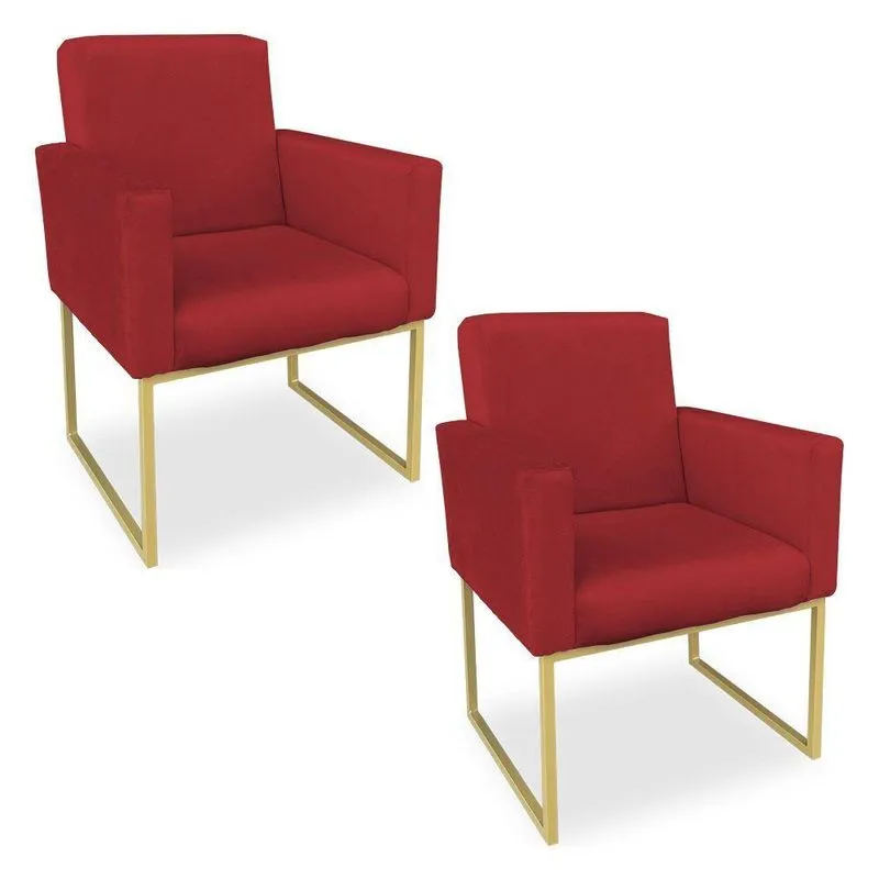 Kit 02 Poltronas Clarice Veludo Vermelho Base Metálica Industrial Dourado - Pallazio