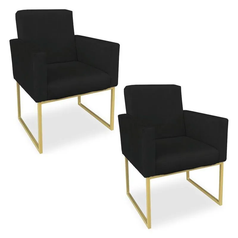 Kit 02 Poltronas Clarice Veludo Base Metálica Industrial Dourado - Pallazio Preto