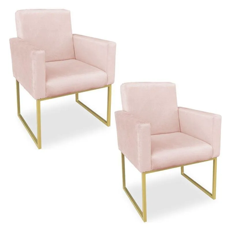 Kit 02 Poltronas Clarice Veludo Base Metálica Industrial Dourado - Pallazio Rosa Bebê