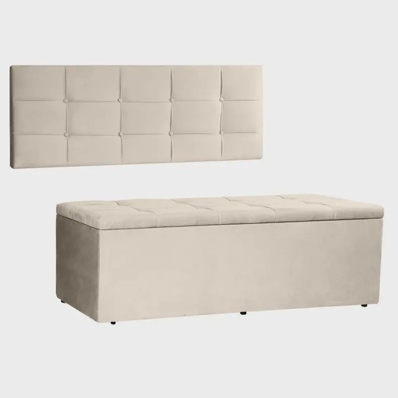 Kit Painel e Calçadeira Baú Casal 1,40m Roma Suede - Pallazio