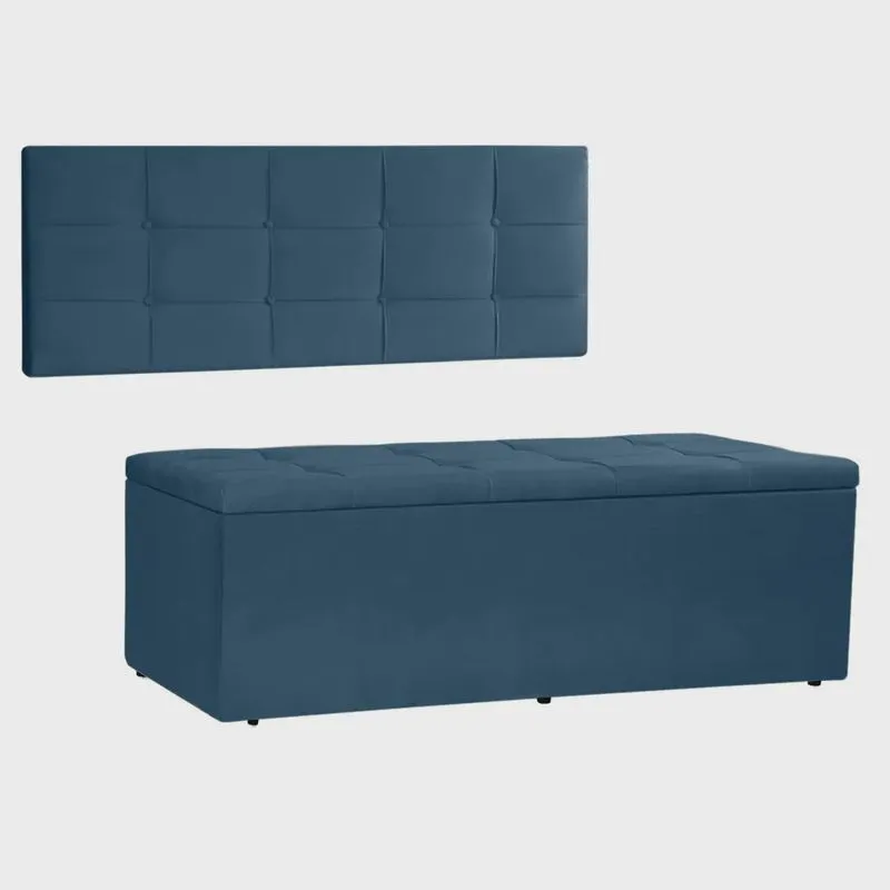 Kit Painel e Calçadeira Baú Queen 1,60m Roma Suede Azul Marinho - Pallazio