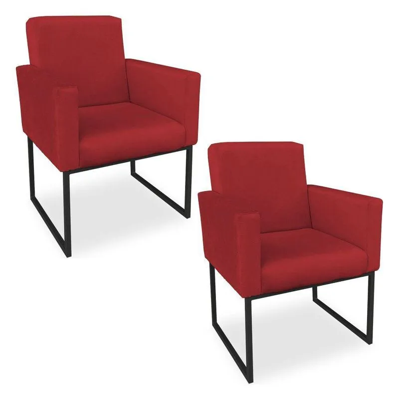 Kit 02 Poltronas Clarice Veludo Base Metálica Industrial Preto - Pallazio Vermelho