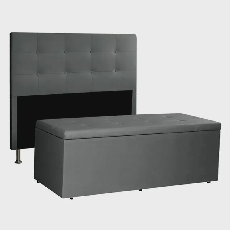 Kit Cabeceira e Calçadeira Baú Solteiro 0,90m Berlim Suede Cinza - Pallazio