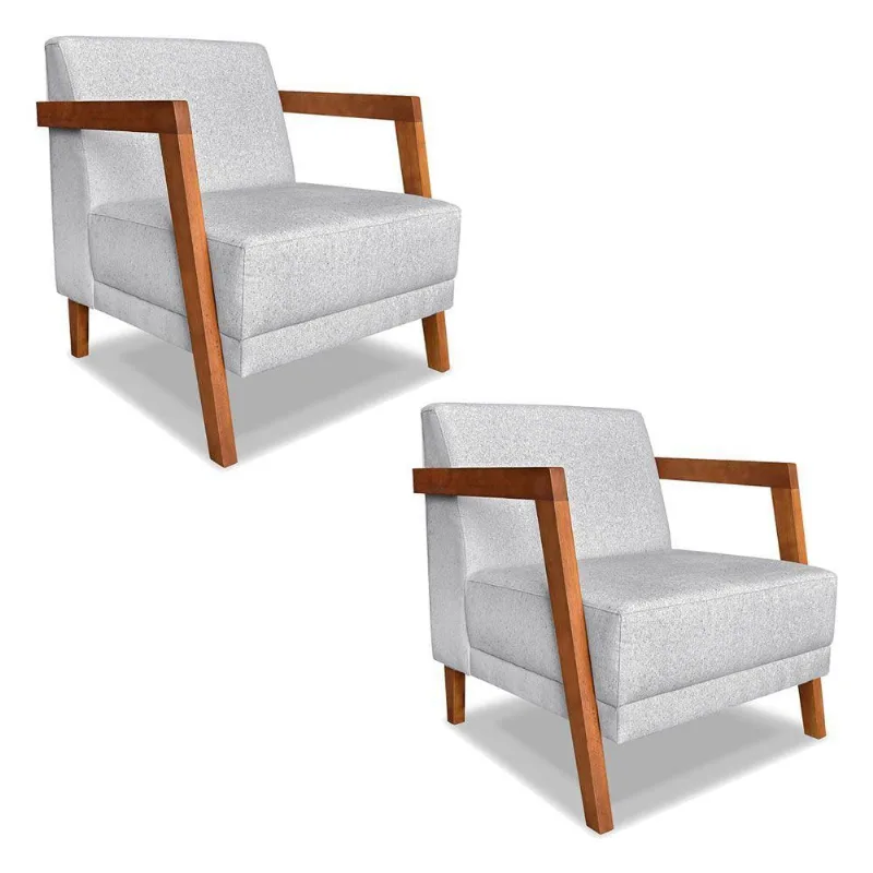 Kit 02 Poltronas Decorativa Natália Linho Cinza Base Em Madeira Castanho - Pallazio