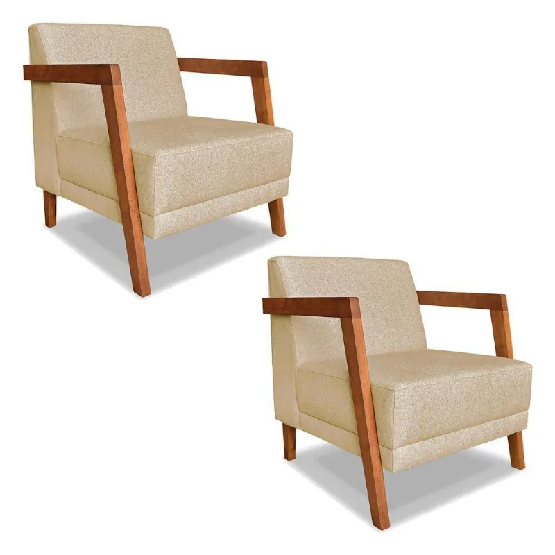 Kit 02 Poltronas Decorativa Natália Linho Dourado Base Em Madeira Castanho - Pallazio