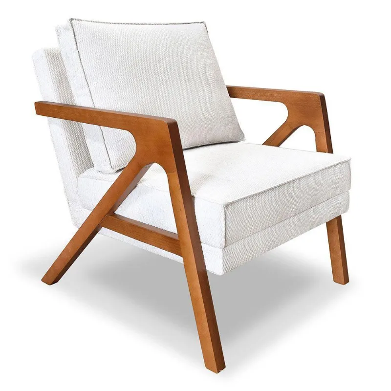 Poltrona Decorativa Luiza Linho Bouclê Base Em Madeira Castanho - Pallazio Off White
