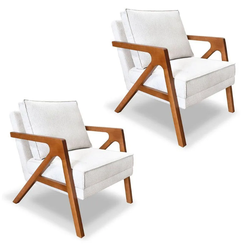 Kit 2 Poltronas Decorativa Luiza Linho Bouclê Off White Base Em Madeira Castanho - Pallazio