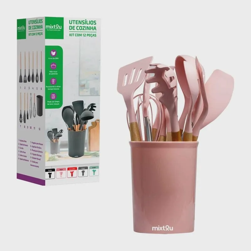 Kit 12 Utensílios De Cozinha Em Silicone E Cabo De Madeira
