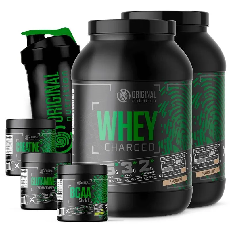 Combo 2x Whey Protein Charged 900g + Glutamina 100g + Bcaa 100g + Creatina 100g + Shaker 600ml