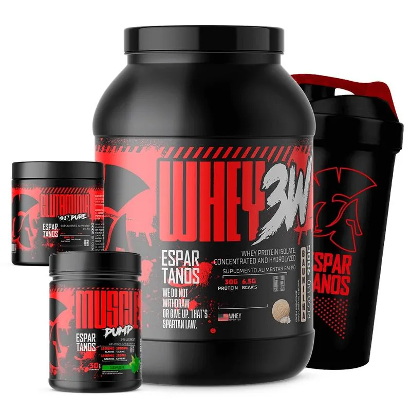 Whey Protein 3w 900g + Pré Treino Muscle Pump Limao 300g + Glutamina 100% Pure + Shaker - Espartanos